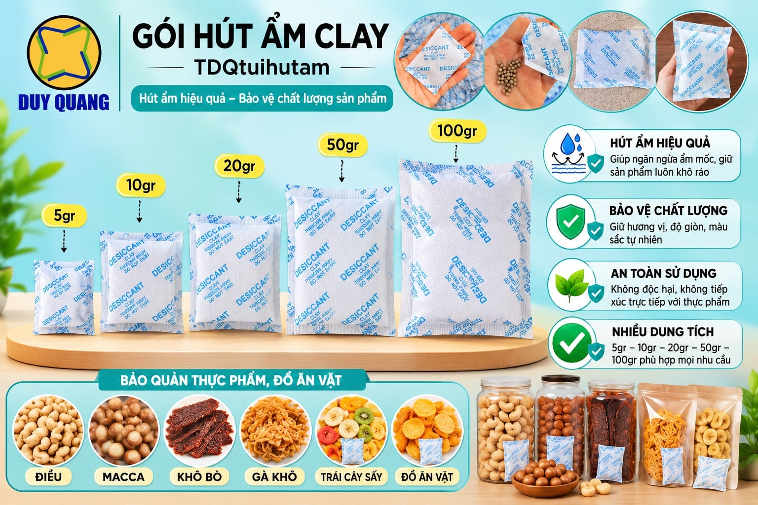 Túi hút ẩm thực phẩm Clay Desiccant dùng cho hạt điều, nông sản khô, đồ ăn vặt