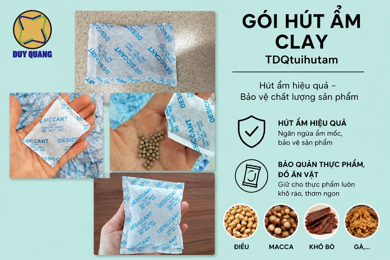 Túi hút ẩm thực phẩm Clay Desiccant dùng cho hạt điều, nông sản khô, đồ ăn vặt