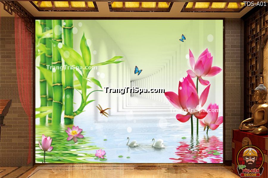 Mẫu tranh dán tường Spa chủ đề Phong cảnh với : cây Tre, cây Trúc, Hoa sen, Đàn cá bơi lội, mang đến một cảm giác thư thái và thanh tịnh Mẫu tranh dán tường Spa chủ đề Phong cảnh với : cây Tre, cây Trúc, Hoa sen, Đàn cá bơi lội, mang đến một cảm giác thư thái và thanh tịnh