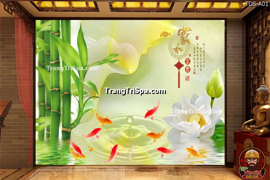 Mẫu tranh dán tường Spa chủ đề Phong cảnh với : cây Tre, cây Trúc, Hoa sen, Đàn cá bơi lội, mang đến một cảm giác thư thái và thanh tịnh Mẫu tranh dán tường Spa chủ đề Phong cảnh với : cây Tre, cây Trúc, Hoa sen, Đàn cá bơi lội, mang đến một cảm giác thư thái và thanh tịnh