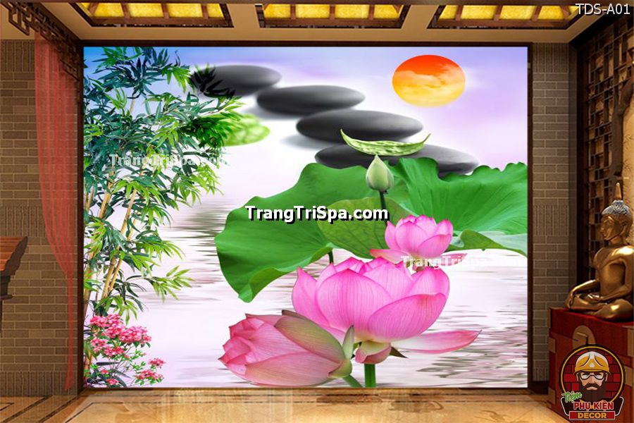 Mẫu tranh dán tường Spa chủ đề Phong cảnh với : cây Tre, cây Trúc, Hoa sen, Đàn cá bơi lội, mang đến một cảm giác thư thái và thanh tịnh Mẫu tranh dán tường Spa chủ đề Phong cảnh với : cây Tre, cây Trúc, Hoa sen, Đàn cá bơi lội, mang đến một cảm giác thư thái và thanh tịnh