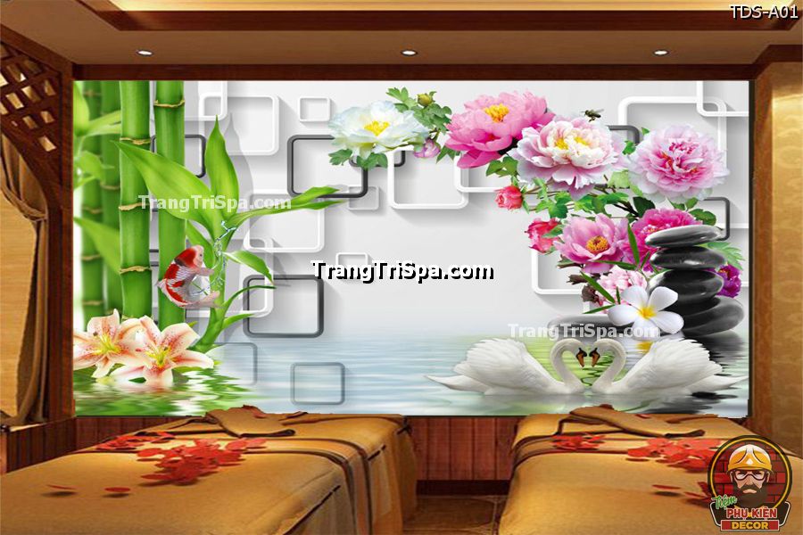 Mẫu tranh dán tường Spa chủ đề Phong cảnh với : cây Tre, cây Trúc, Hoa sen, Đàn cá bơi lội, mang đến một cảm giác thư thái và thanh tịnh Mẫu tranh dán tường Spa chủ đề Phong cảnh với : cây Tre, cây Trúc, Hoa sen, Đàn cá bơi lội, mang đến một cảm giác thư thái và thanh tịnh