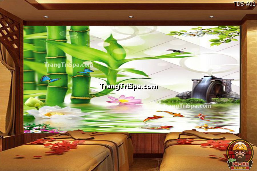 Mẫu tranh dán tường Spa chủ đề Phong cảnh với : cây Tre, cây Trúc, Hoa sen, Đàn cá bơi lội, mang đến một cảm giác thư thái và thanh tịnh Mẫu tranh dán tường Spa chủ đề Phong cảnh với : cây Tre, cây Trúc, Hoa sen, Đàn cá bơi lội, mang đến một cảm giác thư thái và thanh tịnh