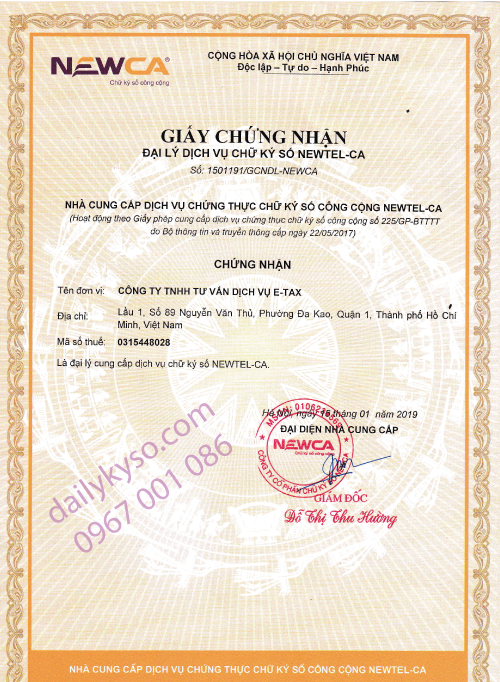 Giấy chứng nhận đại lý chữ ký số Newca