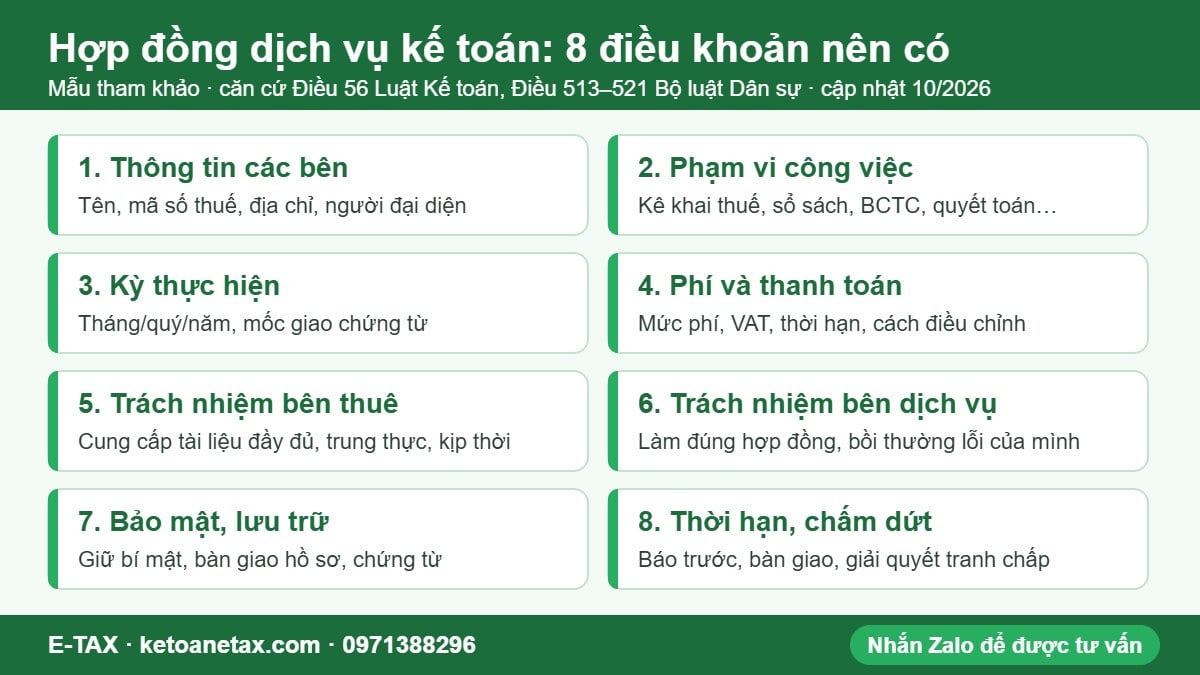 Hình minh họa 8 điều khoản nên có trong hợp đồng dịch vụ kế toán