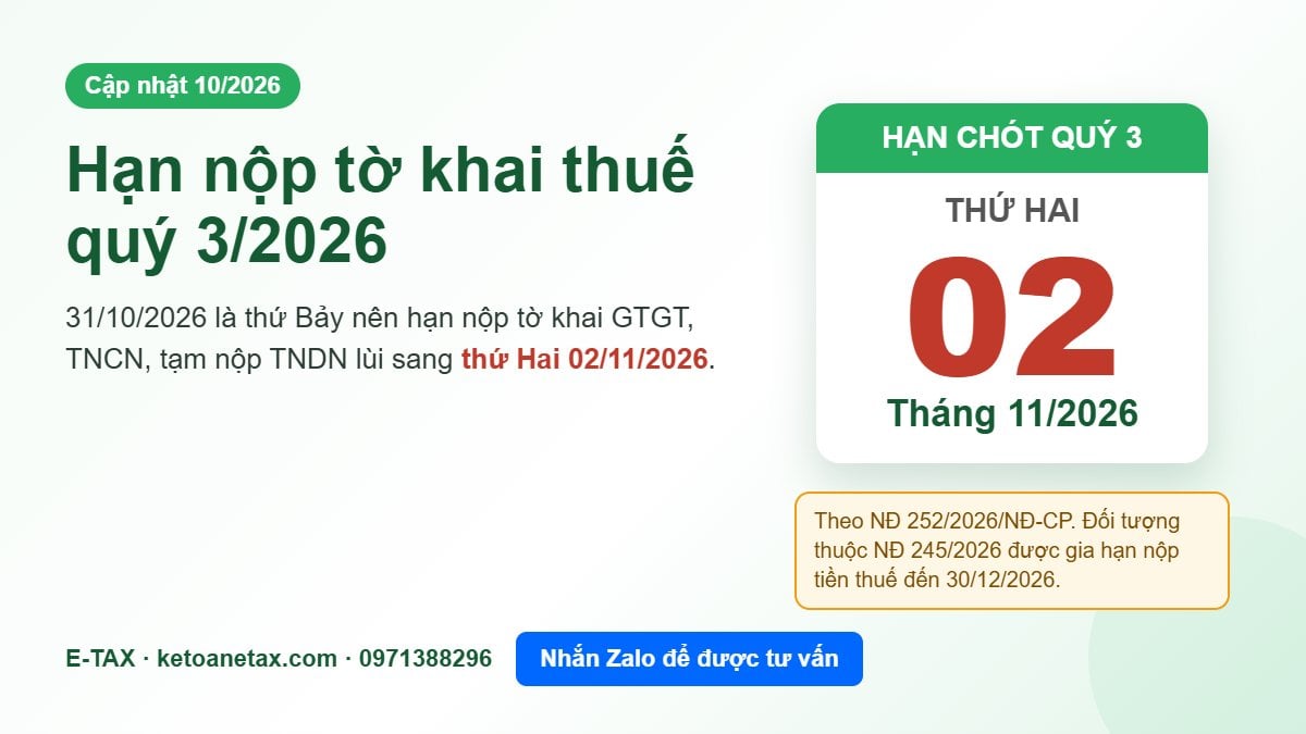 Hình minh họa hạn nộp tờ khai thuế quý 3/2026 là thứ Hai 02/11/2026