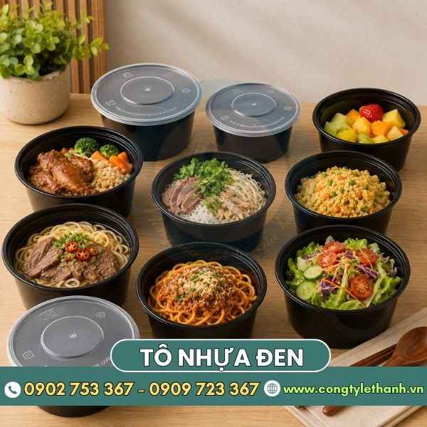 Tô nhựa đen tròn đựng đa dạng đồ ăn Tô nhựa đen tròn đựng đa dạng đồ ăn