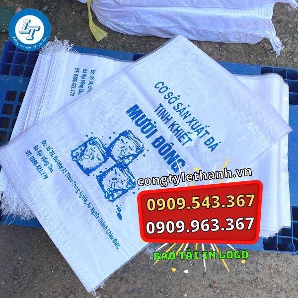 BAO TẢI IN LOGO GIÁ RẺ THEO YÊU CẦU TẠI HCM bao tải in logo nền trắng chữ xanh