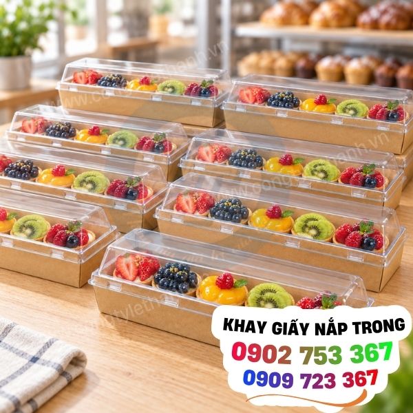 khay giấy, hộp giấy chữ nhật nắp trong giá sỉ cho tiệm bánh và quán ăn