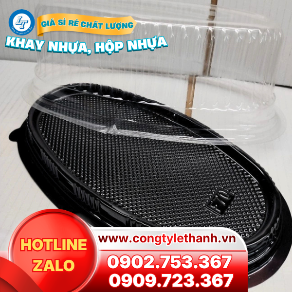 Bán sỉ hộp nhựa, khay nhựa đế đen đựng thực phẩm giá tốt Hộp nhựa đế đen hình oval đựng bánh