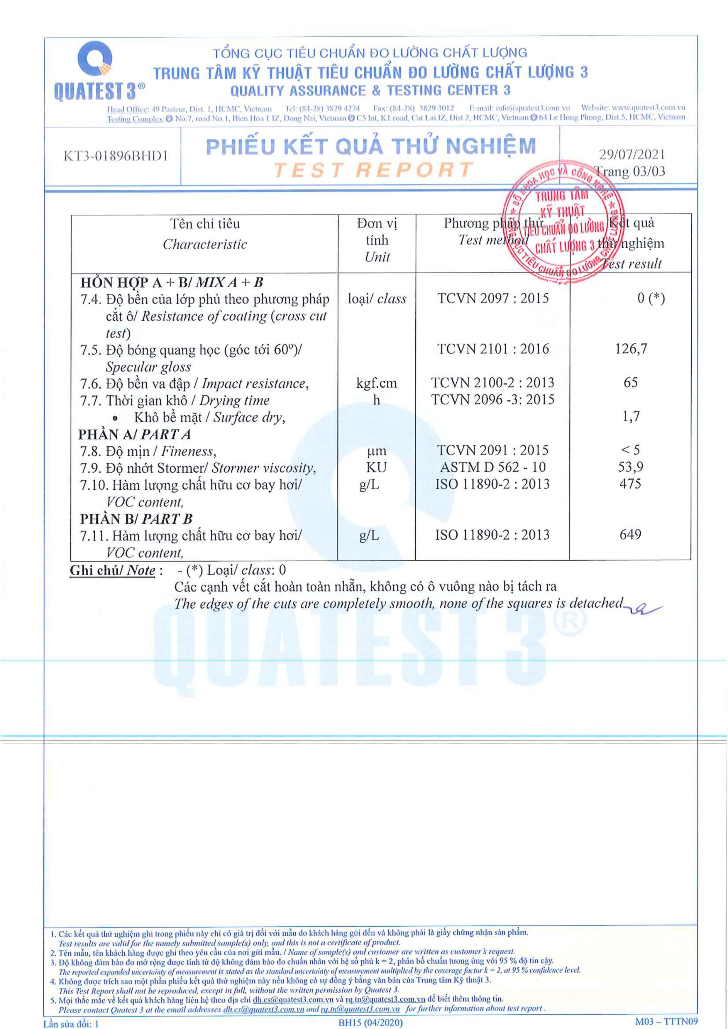 Kết quả thí nghiệm sơn epoxy EP118.