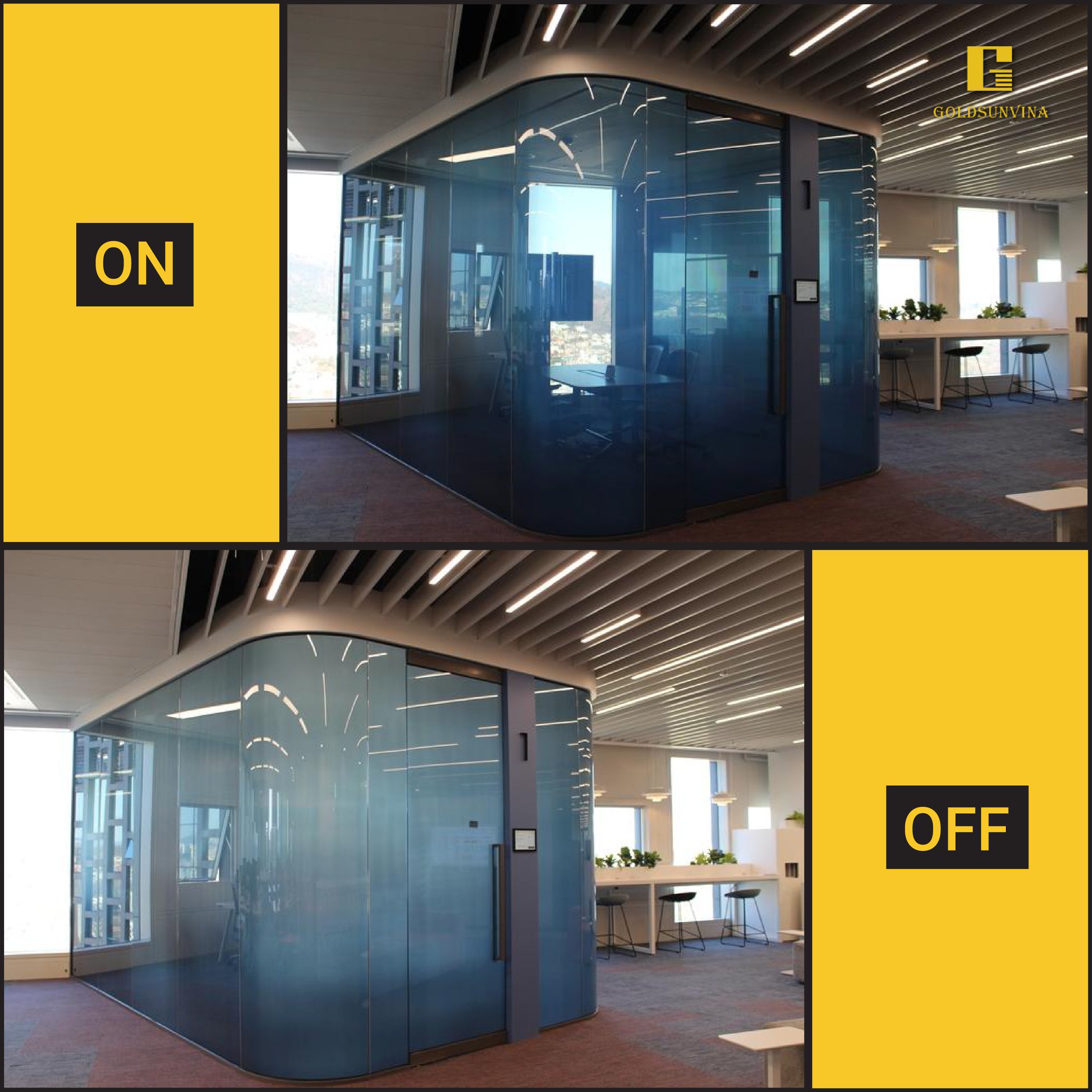 Kính điện thông minh Goldsunvina thay đổi màu sắc chưa đầy 1s Kính điện thông minh Goldsunvina thay đổi màu sắc chưa đầy 1s