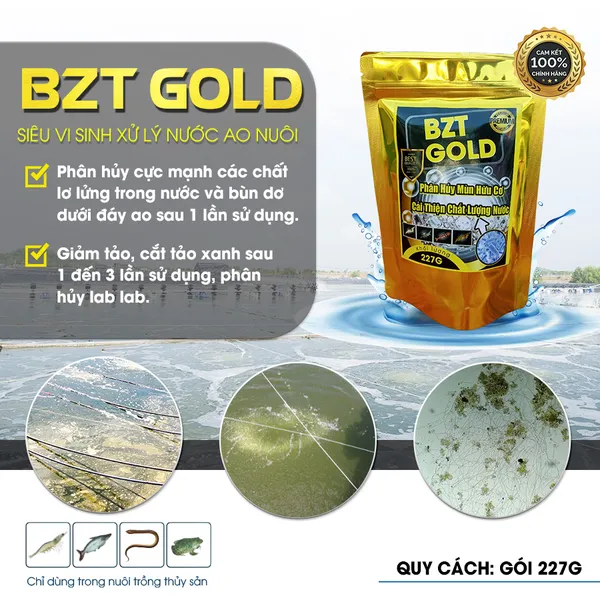 BZT GOLD - Làm sạch bùn dơ, lab lab, ổn định pH trong ao nuôi tôm.