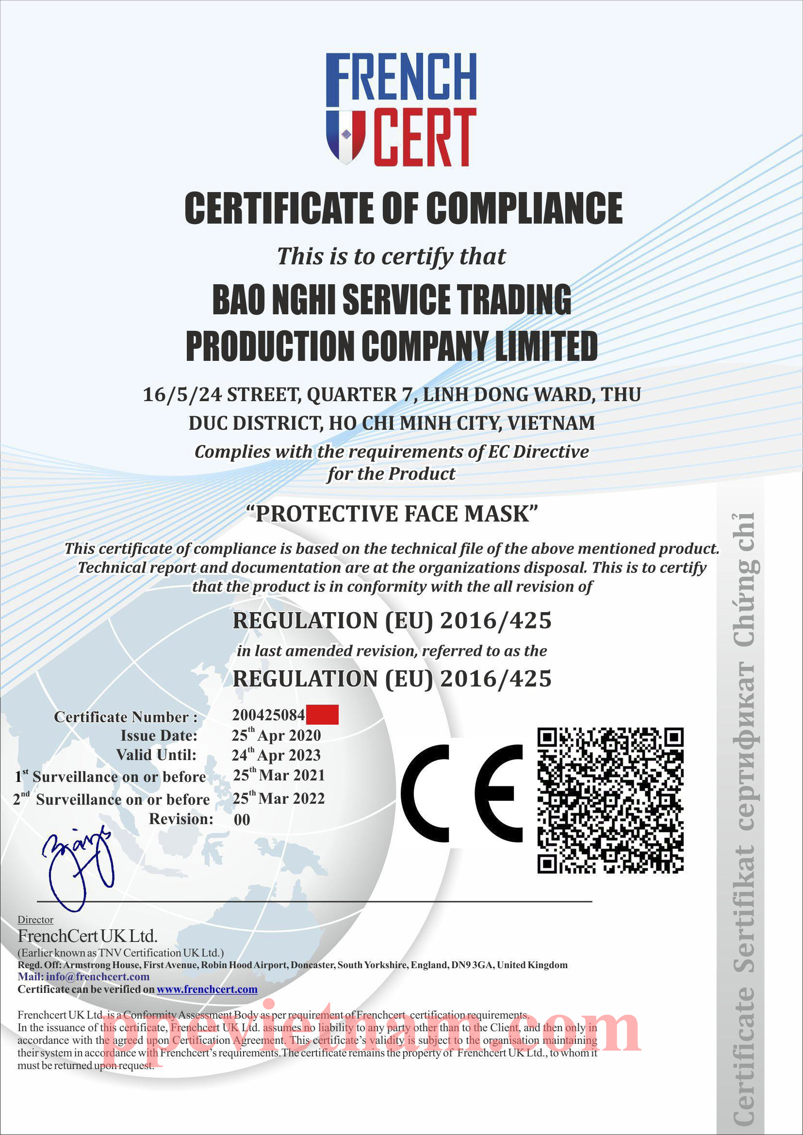 CÔNG BỐ ĐẠT CHỨNG NHẬN CE MARKING CHO DÒNG SẢN PHẨM: KHẨU TRANG VÀ TẤM CHE MẶT