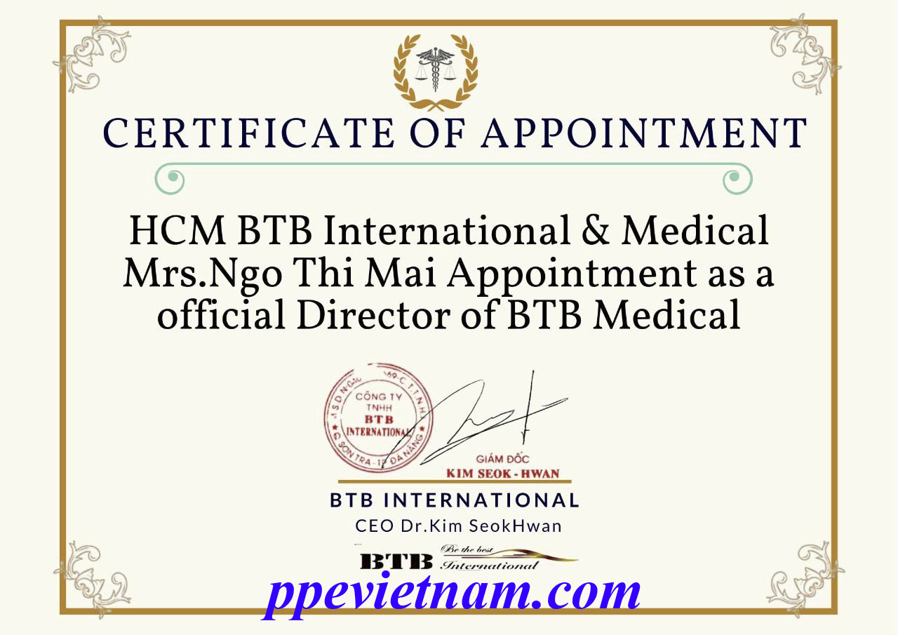 CHỨNG NHẬN ĐẠI DIỆN THƯƠNG HIỆU BTB INTERNATIONAL TẠI TP HÔ CHÍ MINH