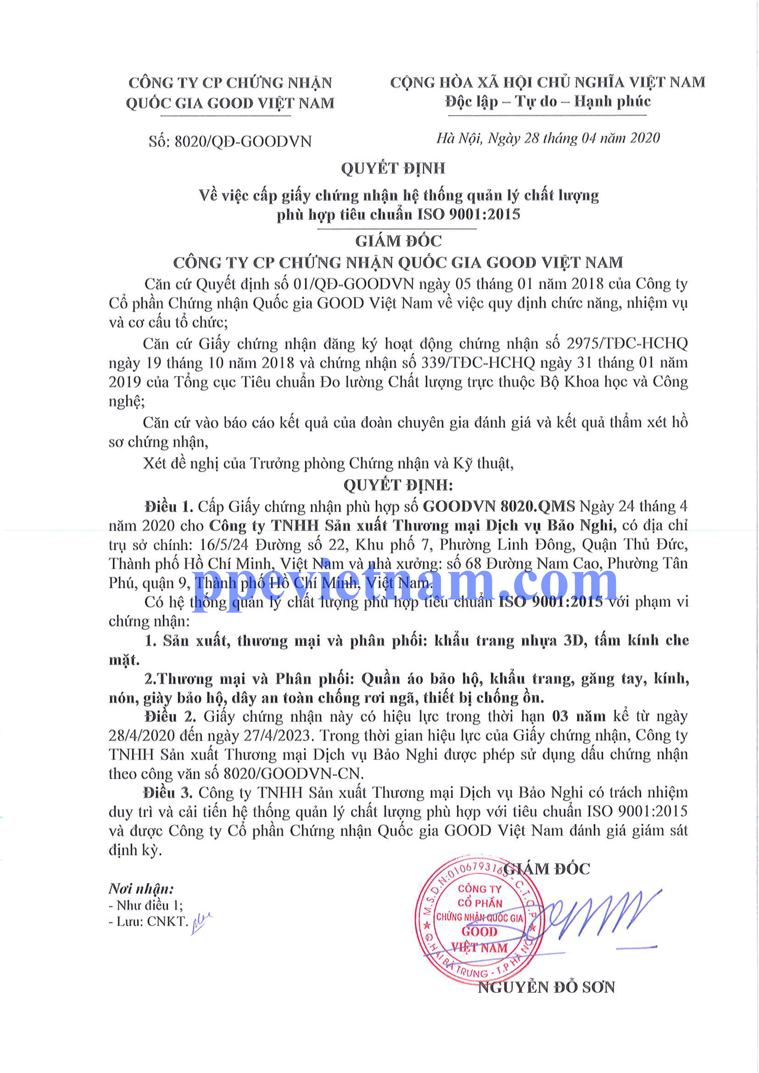 CÔNG BỐ ĐẠT CHỨNG NHẬN ISO 9001:2015