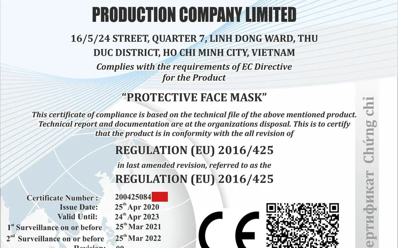 CÔNG BỐ ĐẠT CHỨNG NHẬN CE MARKING CHO DÒNG SẢN PHẨM: KHẨU TRANG VÀ TẤM CHE MẶT