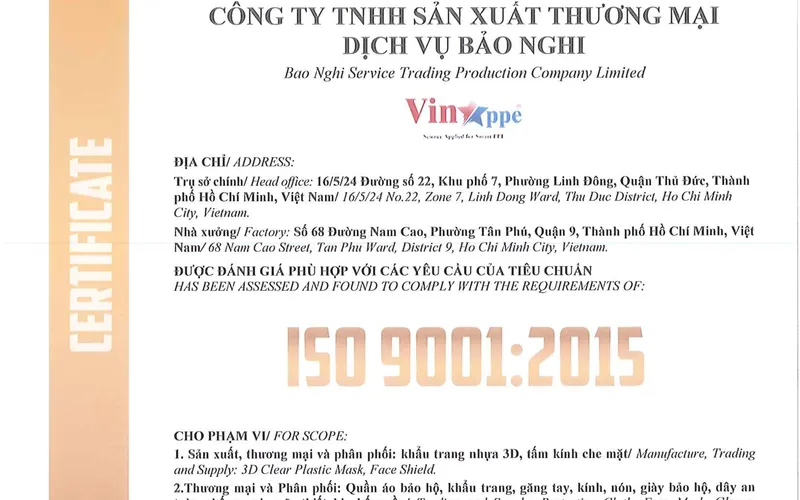 CÔNG BỐ ĐẠT CHỨNG NHẬN ISO 9001:2015