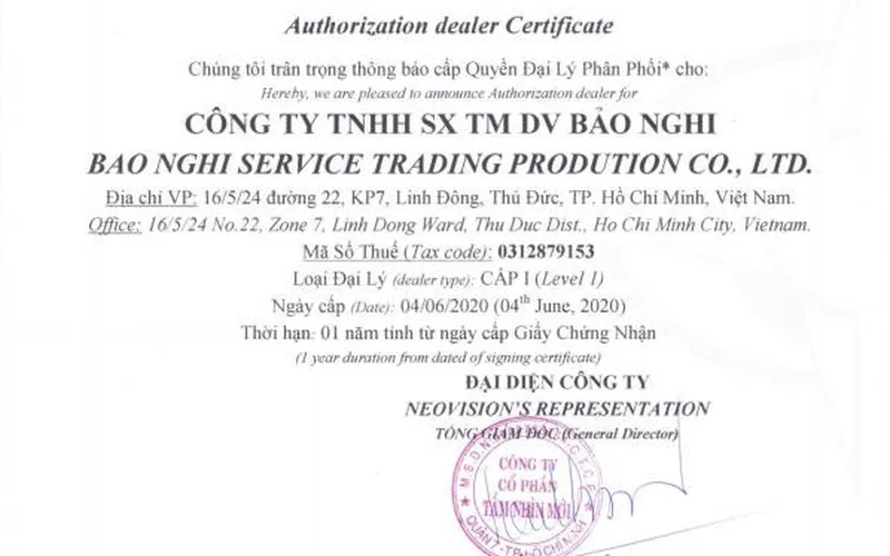 CHỨNG NHẬN ĐẠI LÝ PHÂN PHỐI THƯƠNG HIỆU NEOVISON