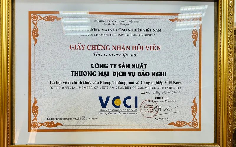 CÔNG TY TNHH SX TM & DV BẢO NGHI TRỞ THÀNH THÀNH VIÊN CỦA TỔ CHỨC VCCI
