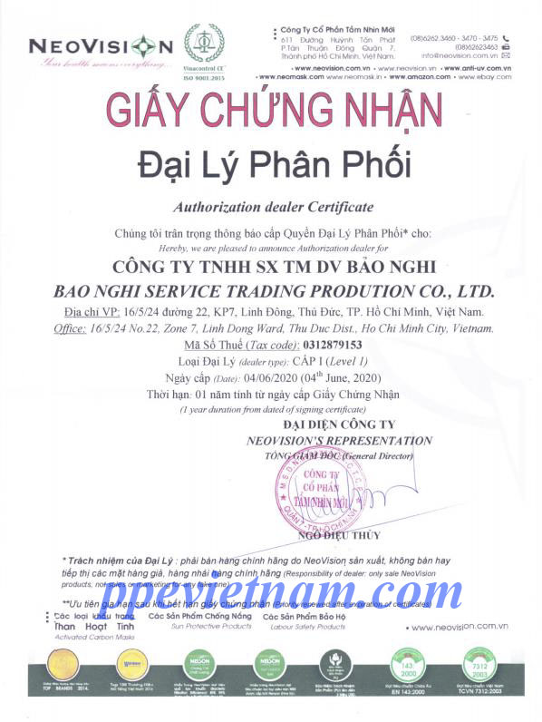 CHỨNG NHẬN ĐẠI LÝ PHÂN PHỐI THƯƠNG HIỆU NEOVISON