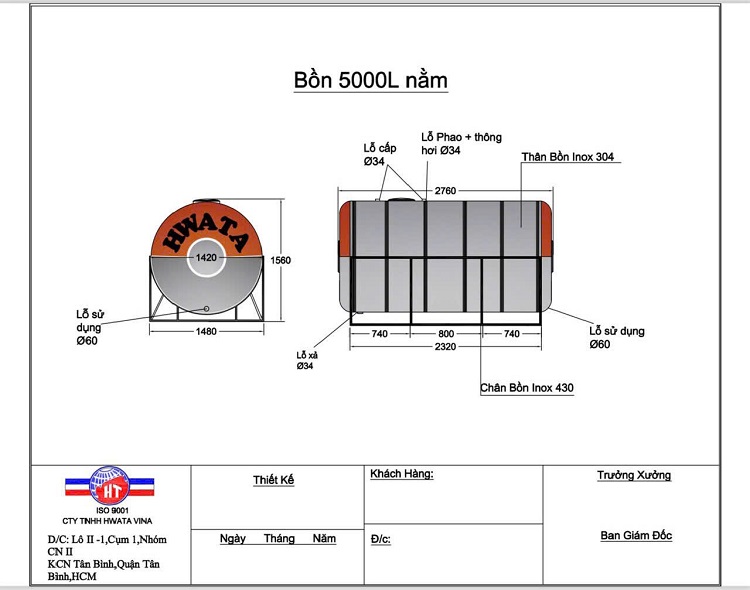 Bản vẽ Bồn nước inox Hwata 5,000l Ngang Bản vẽ Bồn nước inox Hwata 5,000l Ngang