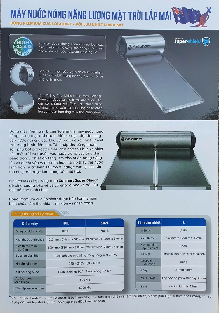 Thông số Máy nước nóng Solahart Premium Thông số Máy nước nóng Solahart Premium