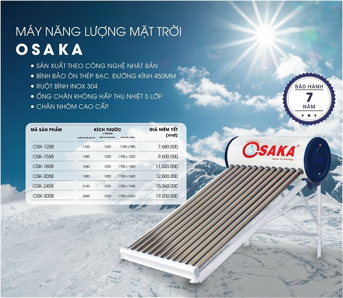 Bảng giá máy nước nóng năng lượng mặt trời OSAKA Luxury Bảng giá máy nước nóng năng lượng mặt trời OSAKA Luxury