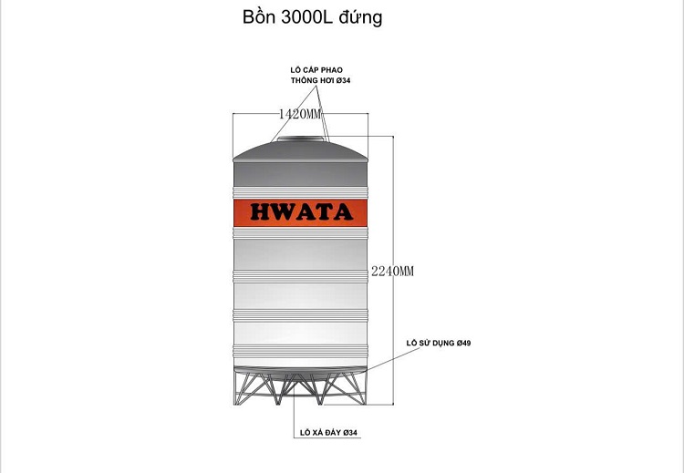 Kích thước Bồn inox Hwata 3,000L Đứng Kích thước Bồn inox Hwata 3,000L Đứng