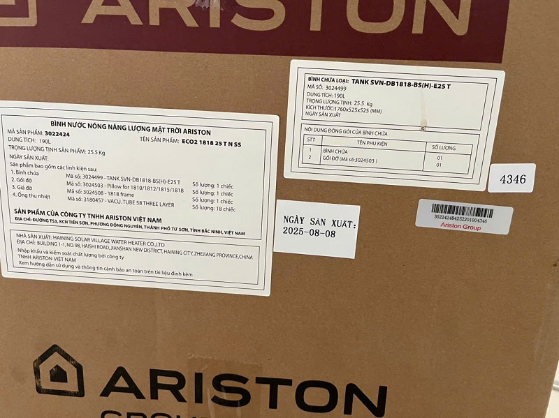 Thông số Máy nước nóng mặt trời Ariston ECO2, 190L-18 ống F58 Thông số Máy nước nóng mặt trời Ariston ECO2, 190L-18 ống F58