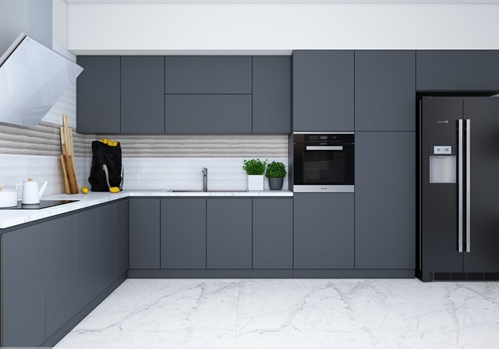 Tủ bếp chữ L melamine màu xám Tủ bếp chữ L melamine màu xám