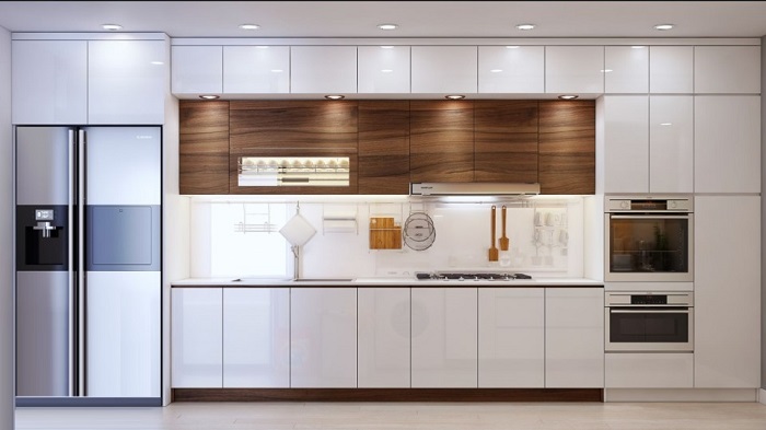 Tủ bếp laminate vân gỗ kết hợp màu trắng đụng trần Tủ bếp laminate vân gỗ kết hợp màu trắng đụng trần