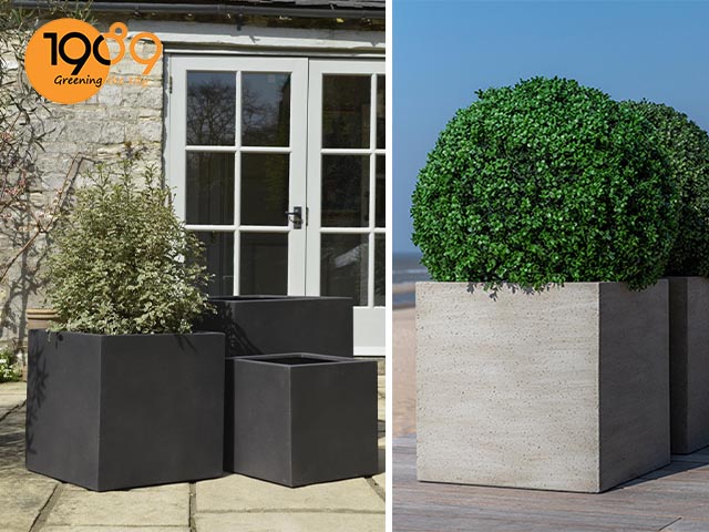 chậu xi măng đá mài vuông lớn 1m màu trắng