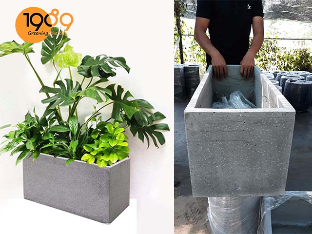 chậu xi măng đá mài chữ nhật màu xám dài