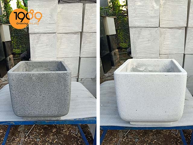 chậu xi măng đá mài lập phương trắng xám