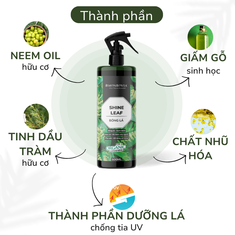 Dung dịch hữu cơ BÓNG LÁ MONROVIA pha sẵn giúp lá cây khỏe mạnh, xanh bóng, dành cho cây trồng dung tích 500ml