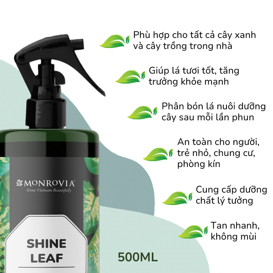 Dung dịch hữu cơ BÓNG LÁ MONROVIA pha sẵn giúp lá cây khỏe mạnh, xanh bóng, dành cho cây trồng dung tích 500ml