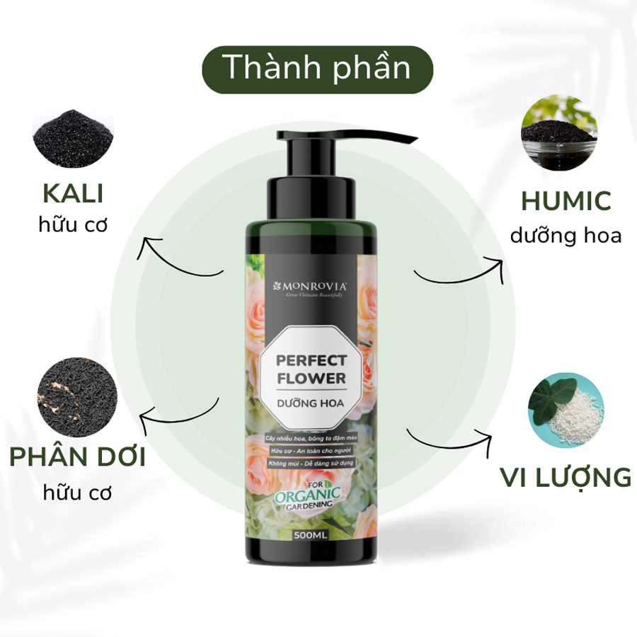 Dung dịch hữu cơ DƯỠNG HOA MONROVIA pha sẵn dành cho hoa hồng, hoa lan 500ml giúp đẩy nụ, hoa to đậm, vươn cao