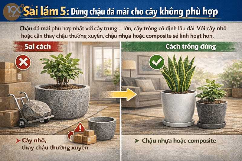 Sai lầm 5: Dùng chậu đá mài cho cây không phù hợp