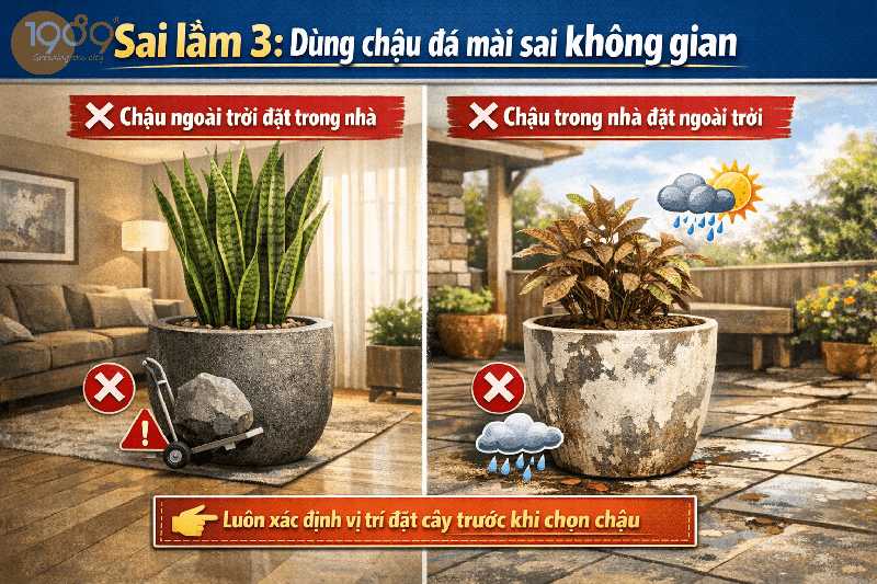 Sai lầm 3: Dùng chậu đá mài sai không gian