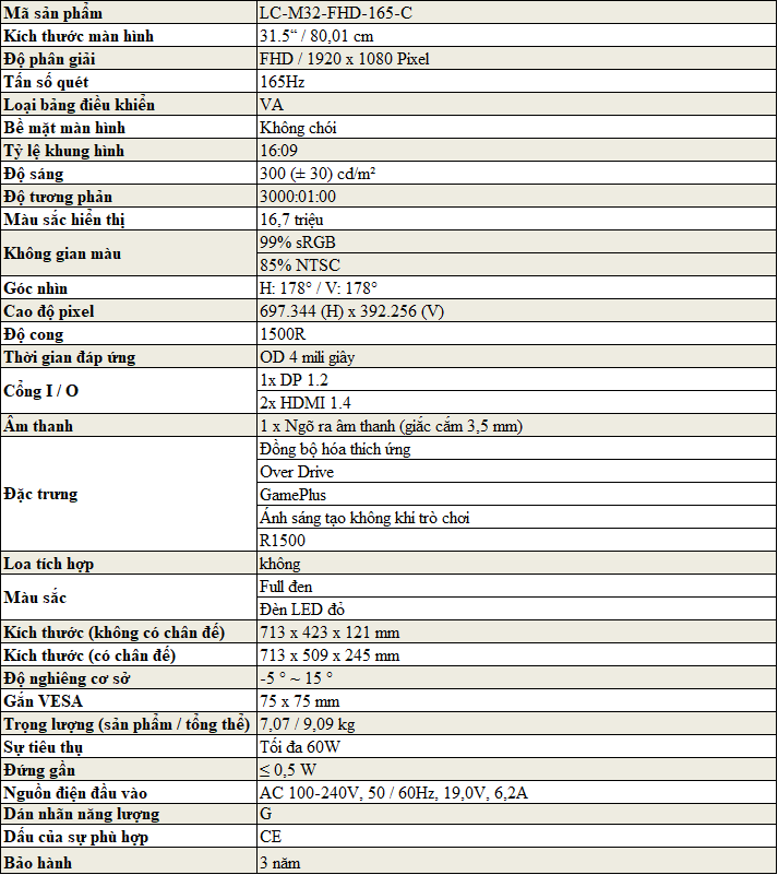 Màn hình máy tính cong LC-POWER 32 inch LC-M32-FHD-165-C Màn hình máy tính cong LC-POWER 32 inch LC-M32-FHD-165-C
