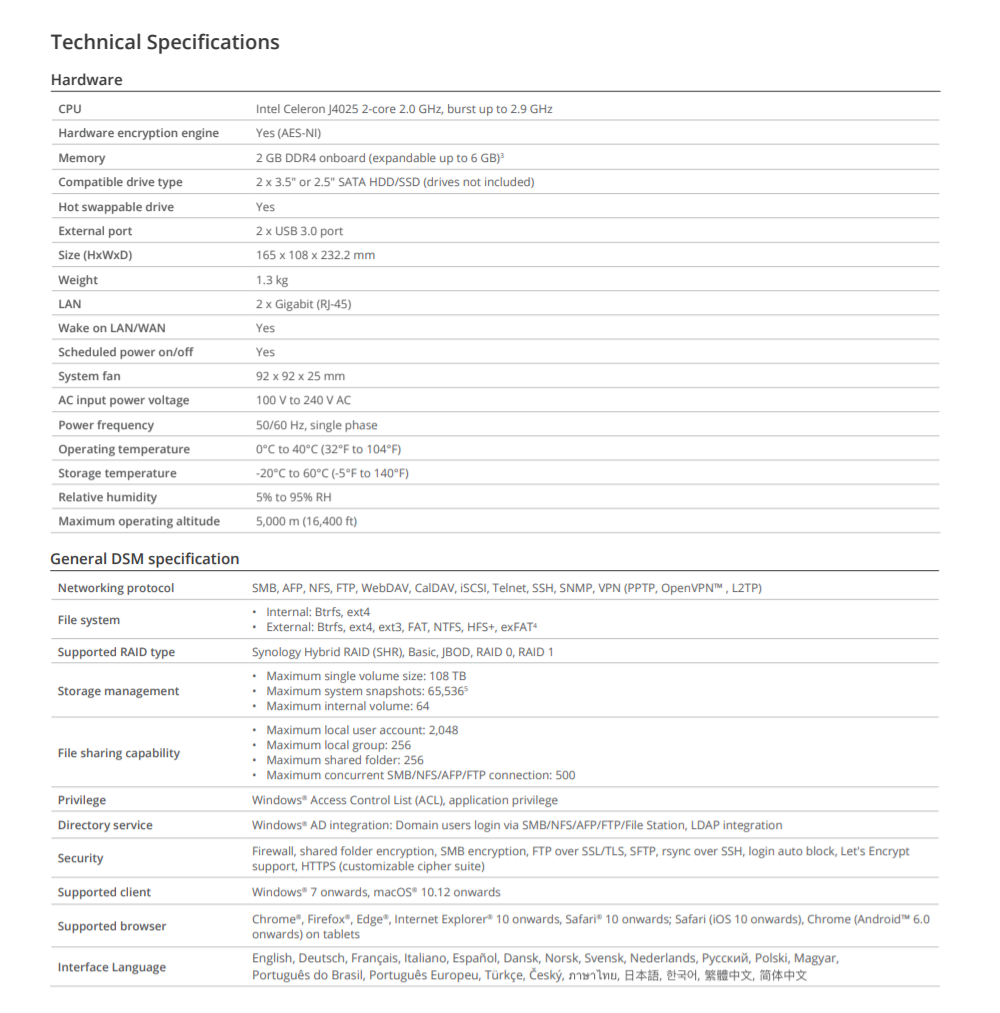 Thiết bị lưu trữ mạng NAS Synology DS220+ Thiết bị lưu trữ mạng NAS Synology DS220+