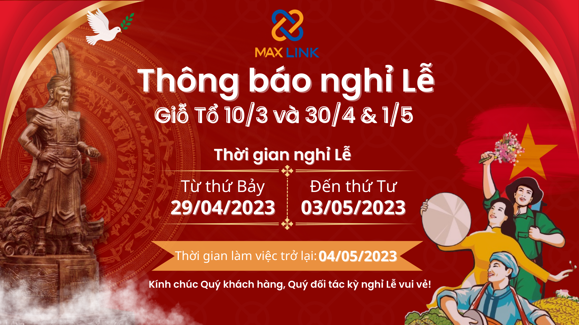 Banner nghỉ Lễ Giỗ Tổ Hùng Vương, Giải Phóng Miền Nam 3004 và Quốc Tế Lao Động 01052023 Banner nghỉ Lễ Giỗ Tổ Hùng Vương, Giải Phóng Miền Nam 3004 và Quốc Tế Lao Động 01052023