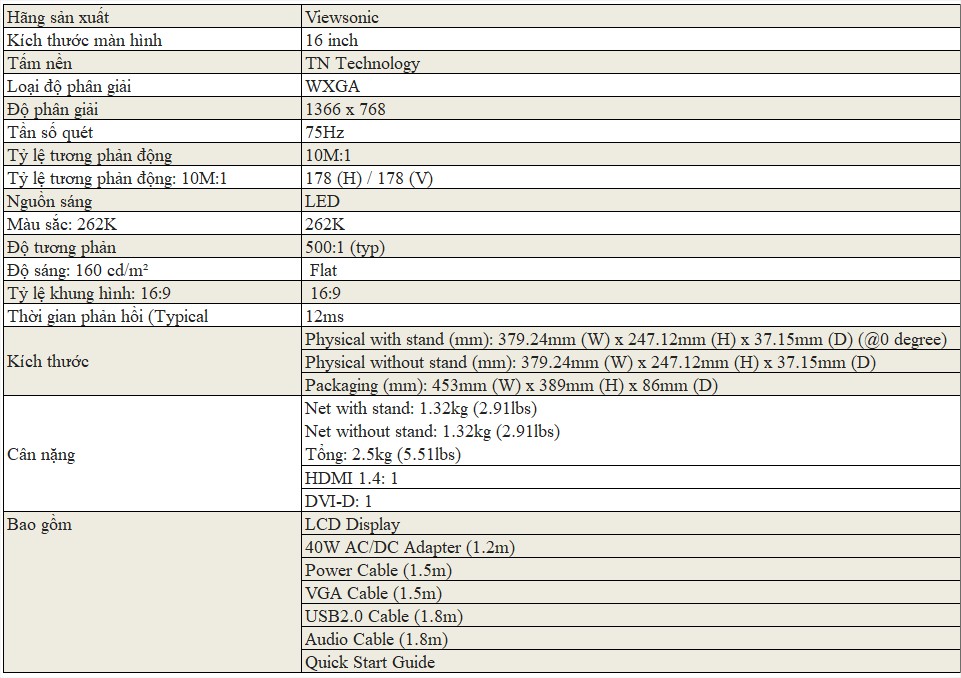 Màn hình cảm ứng VIEWSONIC 16 inch TD1630-3 Màn hình cảm ứng VIEWSONIC 16 inch TD1630-3