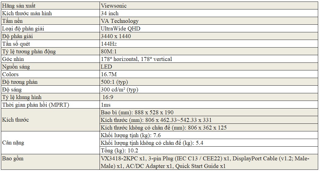 Màn hình máy tính cong VIEWSONIC 34 inch VX3418-2KPC Màn hình máy tính cong VIEWSONIC 34 inch VX3418-2KPC