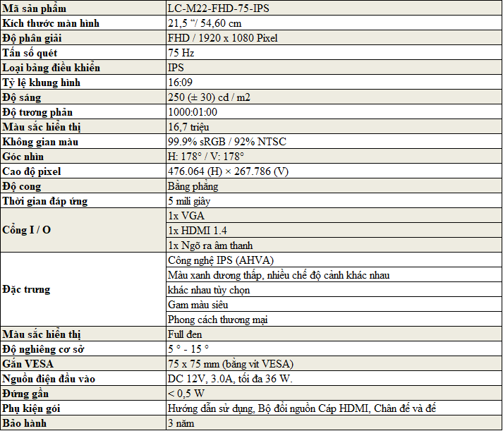 Màn hình máy tính LC-POWER 22 inch LC-M22-FHD-75-IPS Màn hình máy tính LC-POWER 22 inch LC-M22-FHD-75-IPS