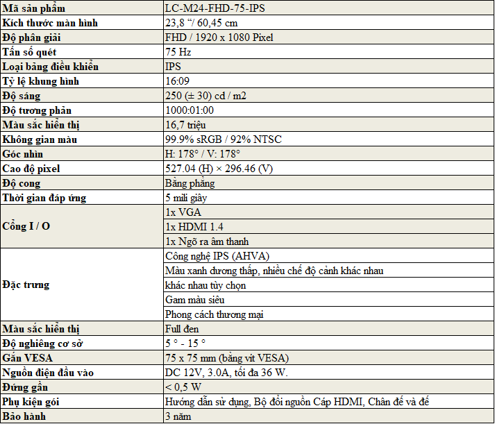 Màn hình máy tính LC-POWER 23.8 inch LC-M24-FHD-75-IPS Màn hình máy tính LC-POWER 23.8 inch LC-M24-FHD-75-IPS