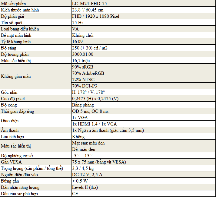Màn hình máy tính LC-POWER 24 inch LC-M24-FHD-75 Màn hình máy tính LC-POWER 24 inch LC-M24-FHD-75