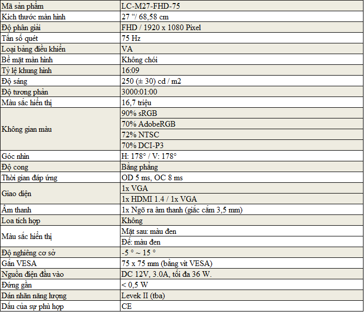 Màn hình máy tính LC-POWER 27 inch LC-M27-FHD-75 Màn hình máy tính LC-POWER 27 inch LC-M27-FHD-75