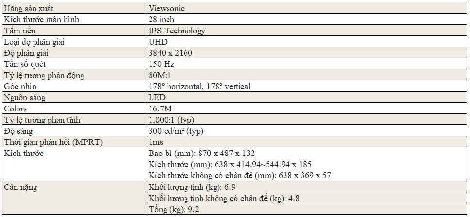 Màn hình máy tính LCD VIEWSONIC 28 inch VX2882-4KP Màn hình máy tính LCD VIEWSONIC 28 inch VX2882-4KP